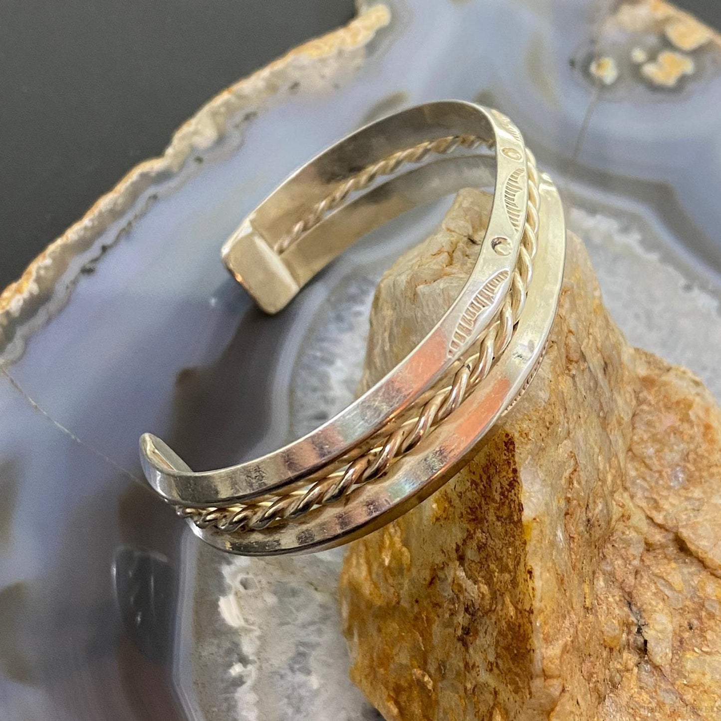 Vintage Native American Silver Stamped With Coil Bracelet For Women