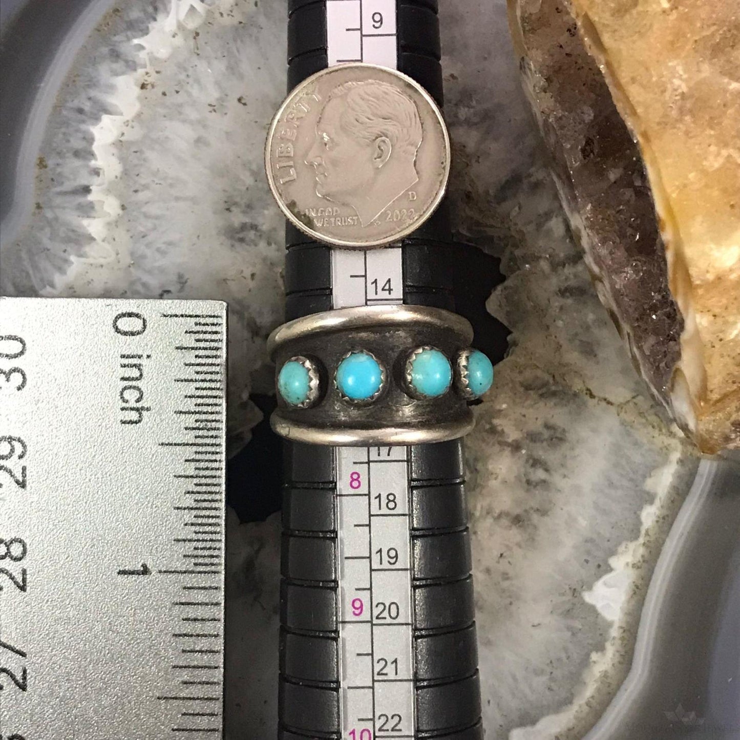 Vintage Native American Sterling Silver 4 Turquoise Dots Band Ring Size 7.25 For Women