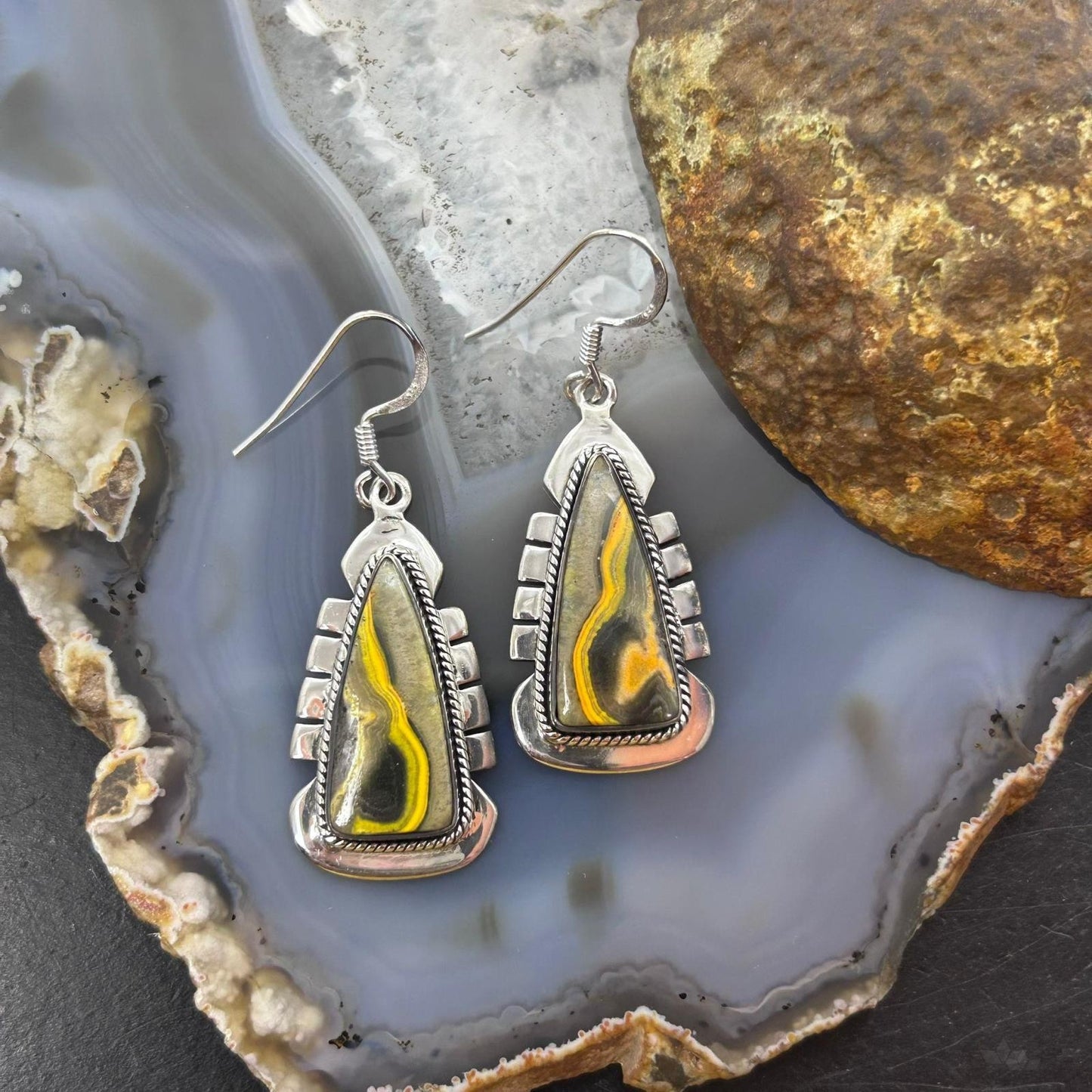 Sterling Silver Southwestern Style Triangle Yellow Jasper Dangle Earrings For Women