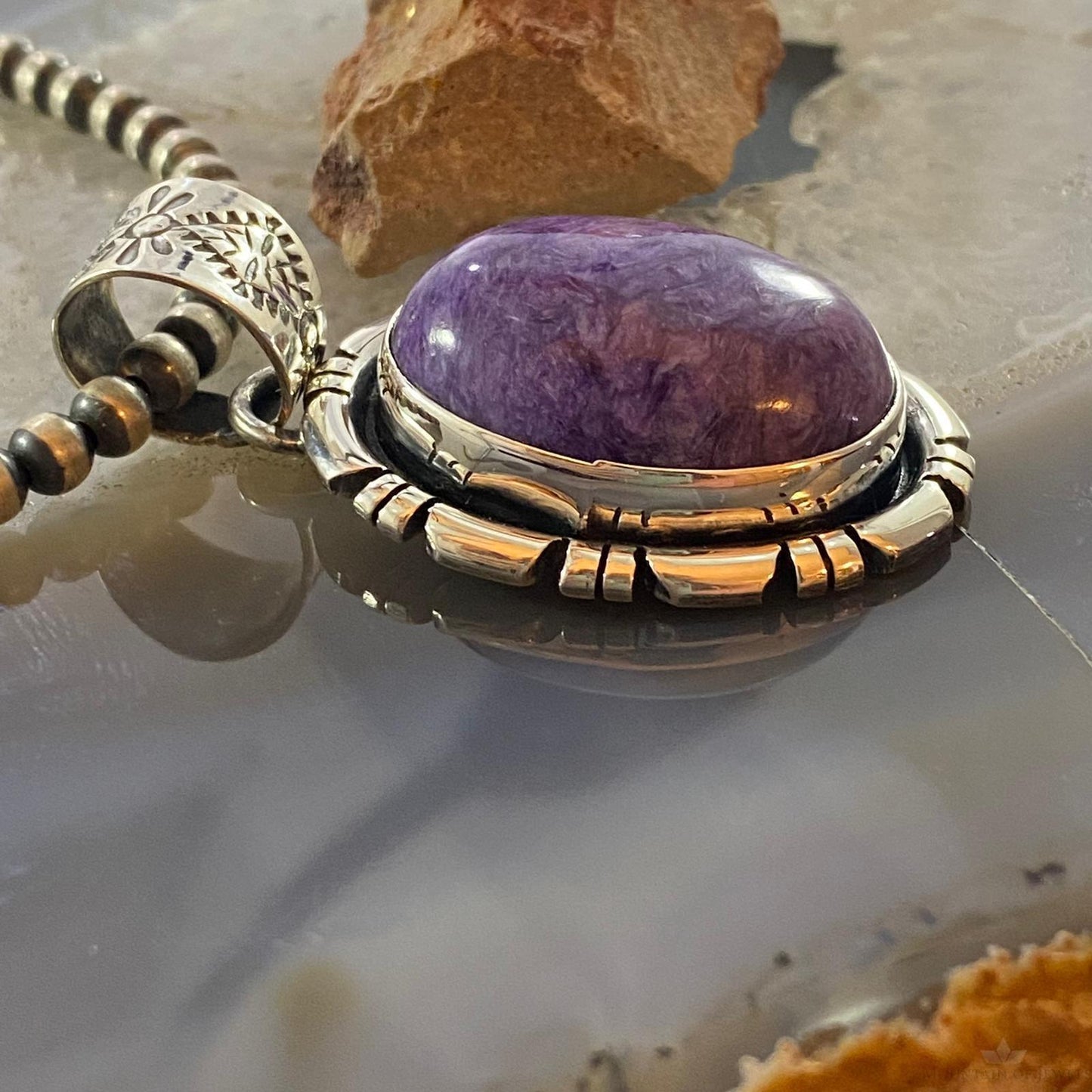 Native American Sterling Silver Oval Charoite Decorated Pendant For Women