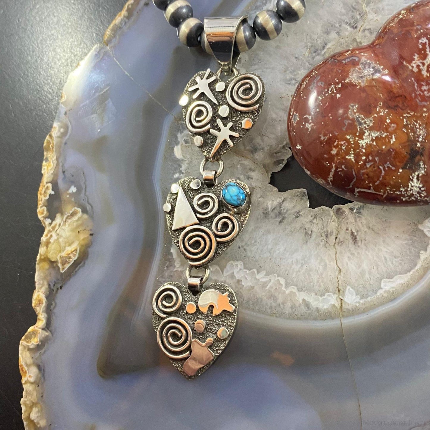 Alex Sanchez Native American Sterling Silver Triple Petroglyph Heart w/Turquoise Pendant For Women
