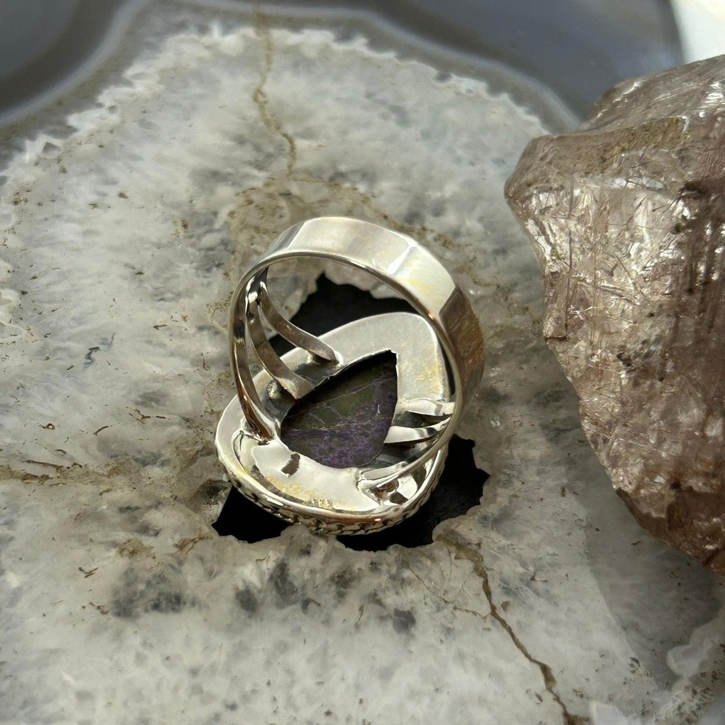 Sterling Silver Southwestern Style Teardrop Stichtite Decorated Ring Size 10.25 For Women