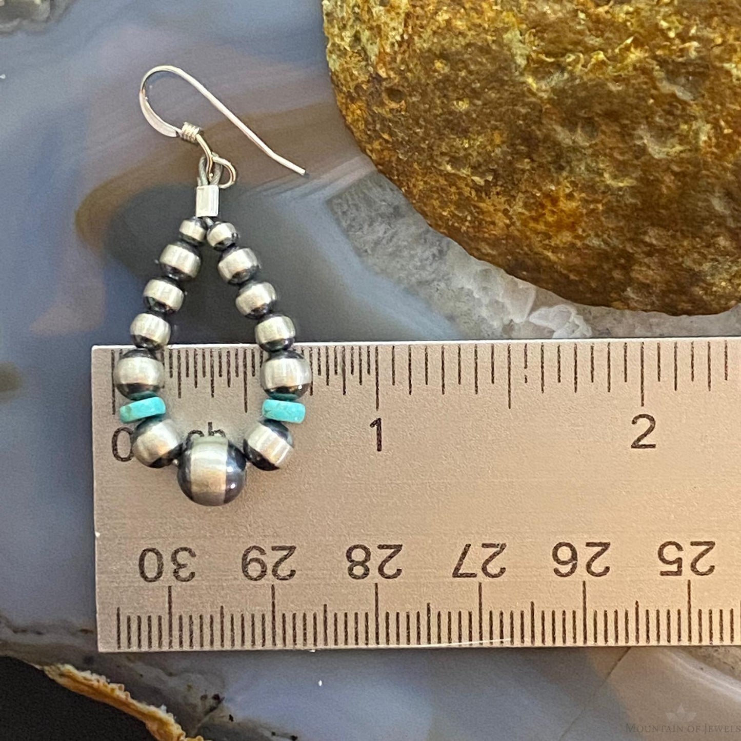 Graduated Navajo Pearl Beads &Turquoise Sterling Hoop Dangle Earrings For Women