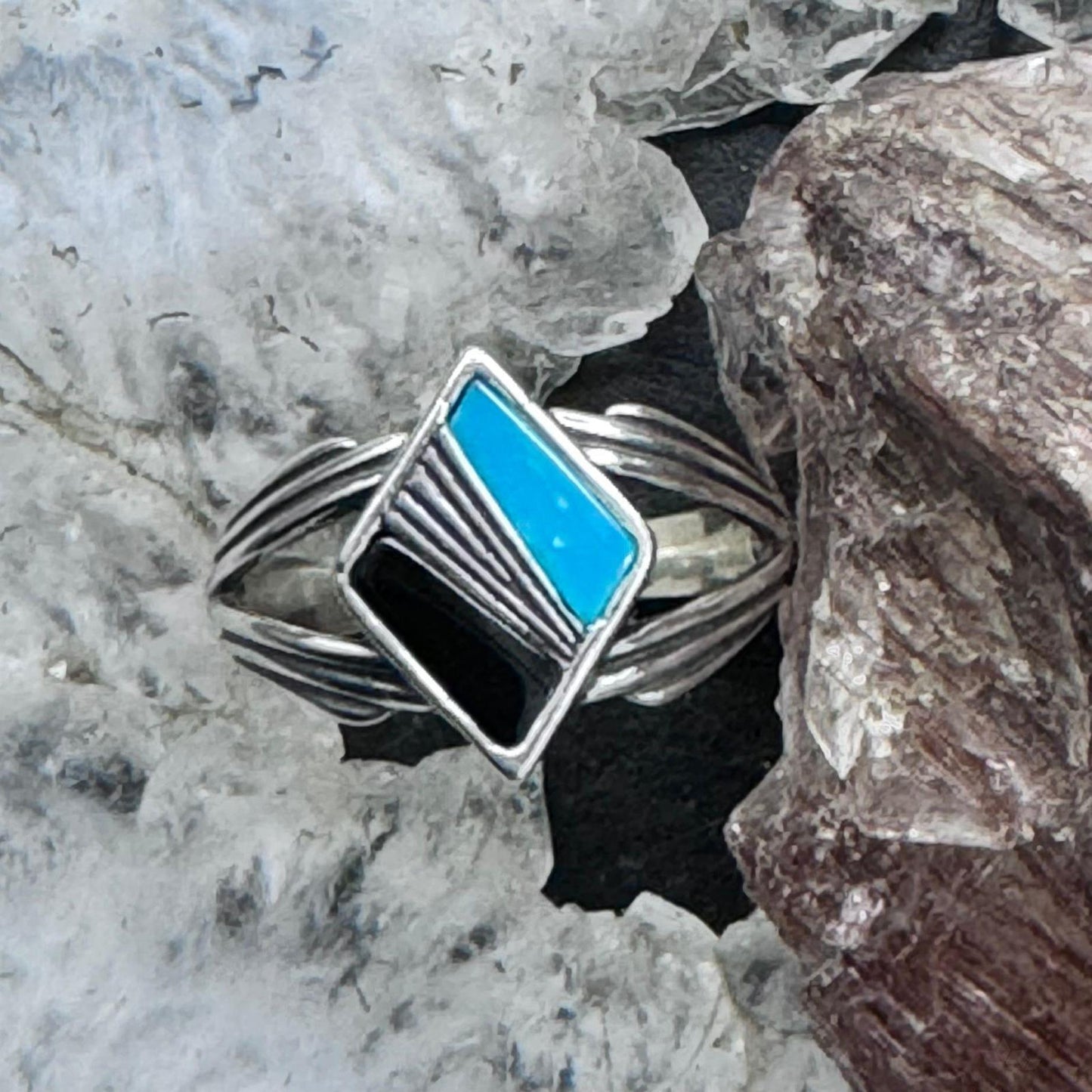 Carolyn Pollack Sterling Silver Diamond Shape Turquoise & Onyx Inlay Ring For Women
