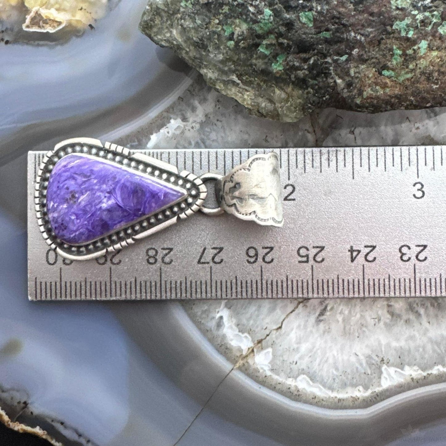 Native American Sterling Silver Triangle Charoite Decorated Pendant For Women