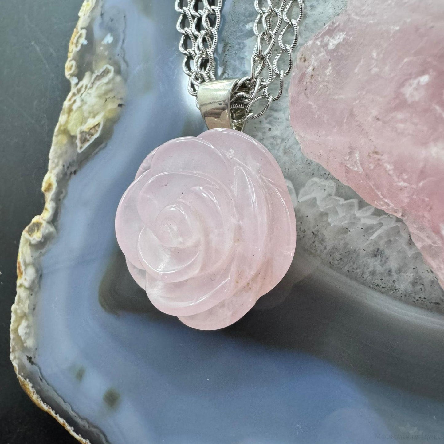 Carolyn Pollack Sterling Silver Carved Rose Quartz Rose Pendant With Chain Necklace For Women