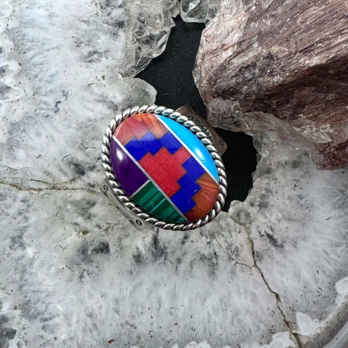 Carolyn Pollack Sterling Silver Oval Multistone Inlay Rug Design Ring Size 7.5 For Women