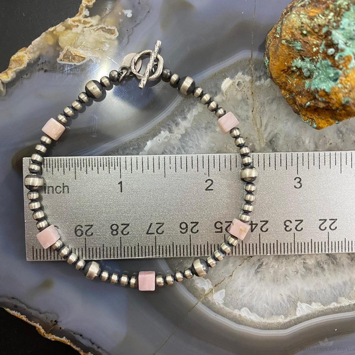 Native American Sterling Navajo Pearl & Peruvian Pink 3-5 mm Bead 7.5" Bracelet