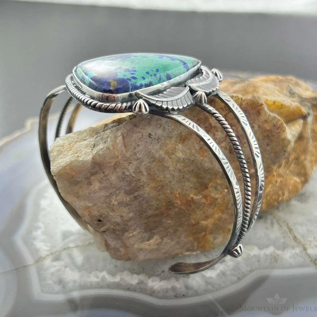 Sterling Silver Southwestern Style Large Triangle Azurite Decorated Bracelet For Women