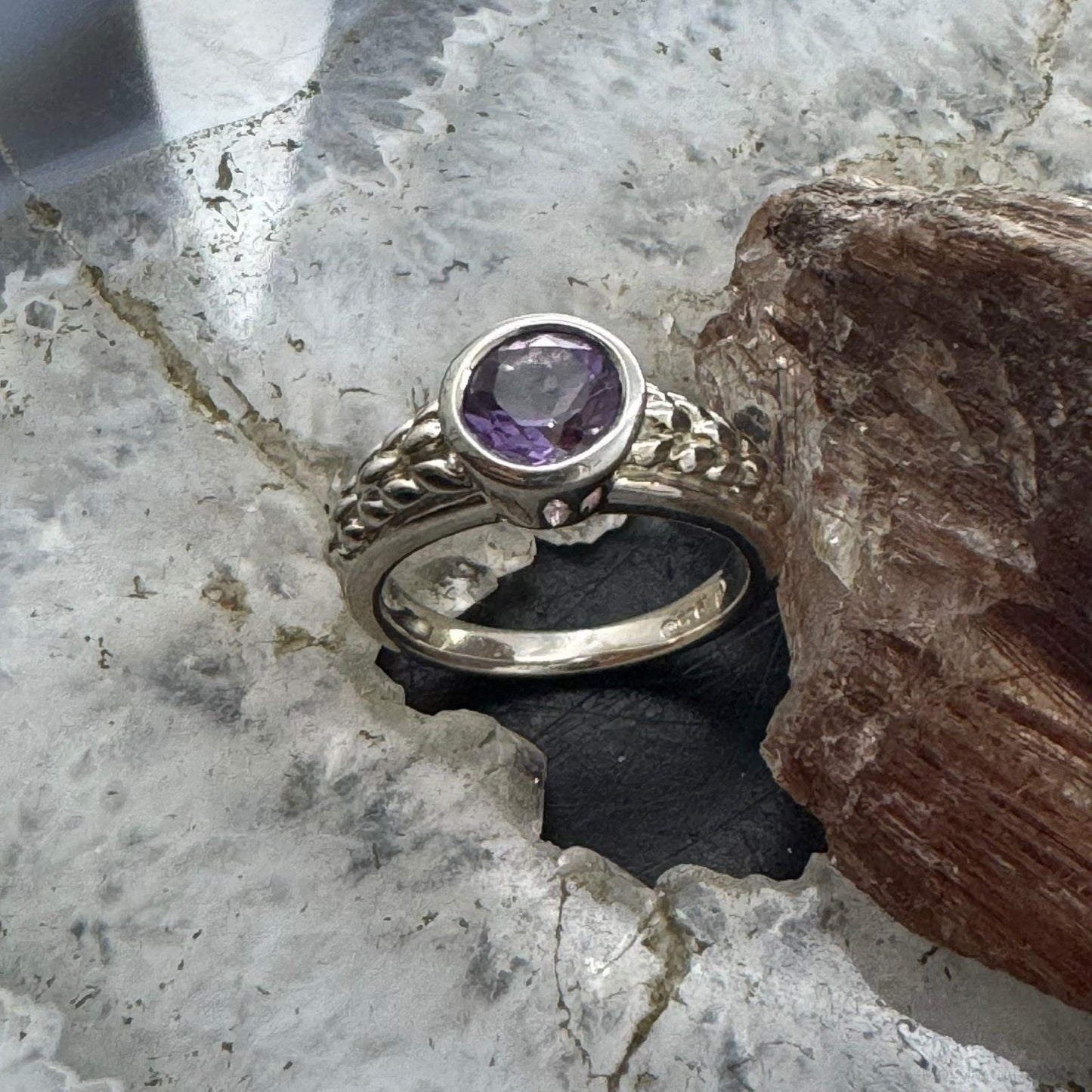 Carolyn Pollack Sterling Silver Rounded Amethyst Decorated Shank Ring For Women