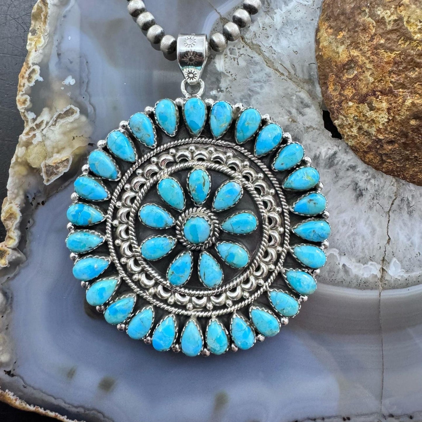 Sterling Silver Southwestern Style Turquoise Decorated Round Cluster Pendant For Women