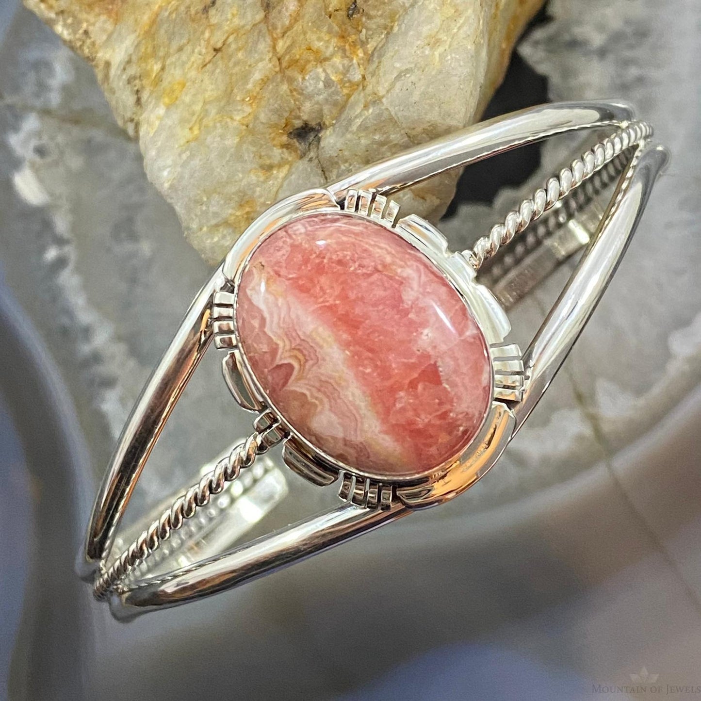 Abel Cone Sterling Silver Oval Rhodochrosite Decorated Bracelet For Women