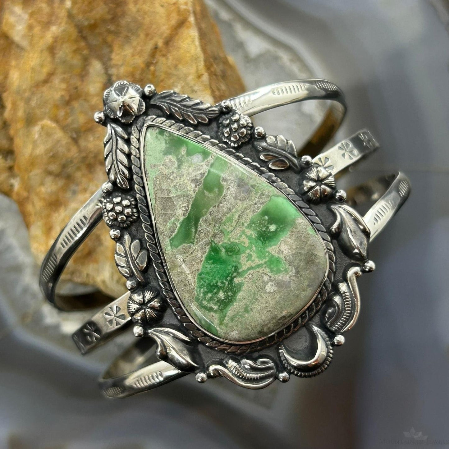 Sterling Silver Southwestern Style Large Teardrop Variscite Bracelet For Women