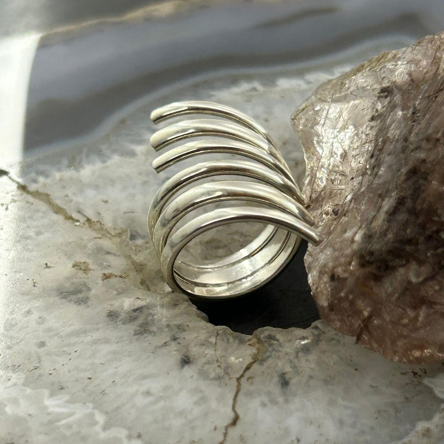 Sterling Silver Round Warp Around Stacked Band Ring For Women, Taxco Mexico