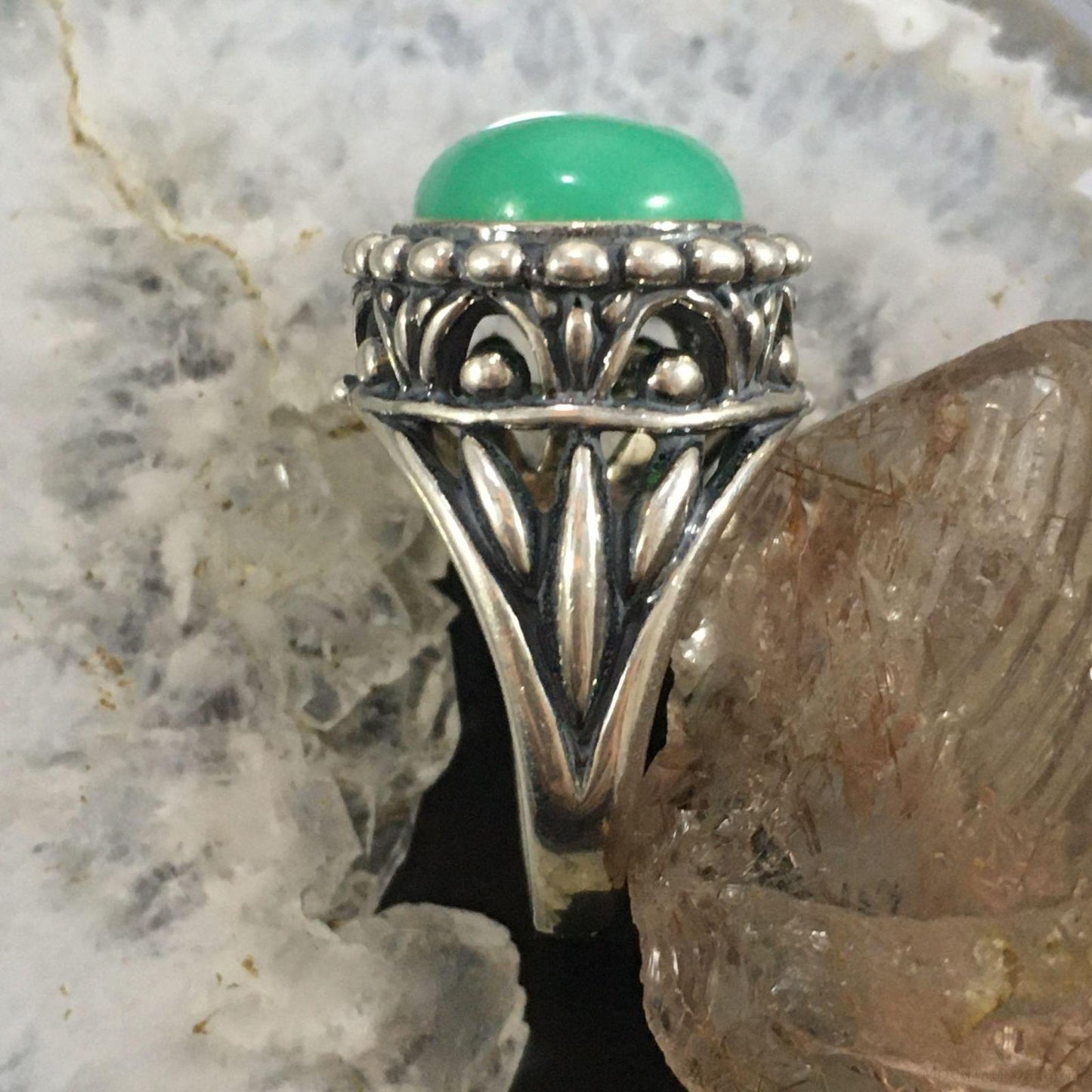 Carolyn Pollack Southwestern Style Sterling Silver Oblong Oval Variscite Decorated Ring For Women