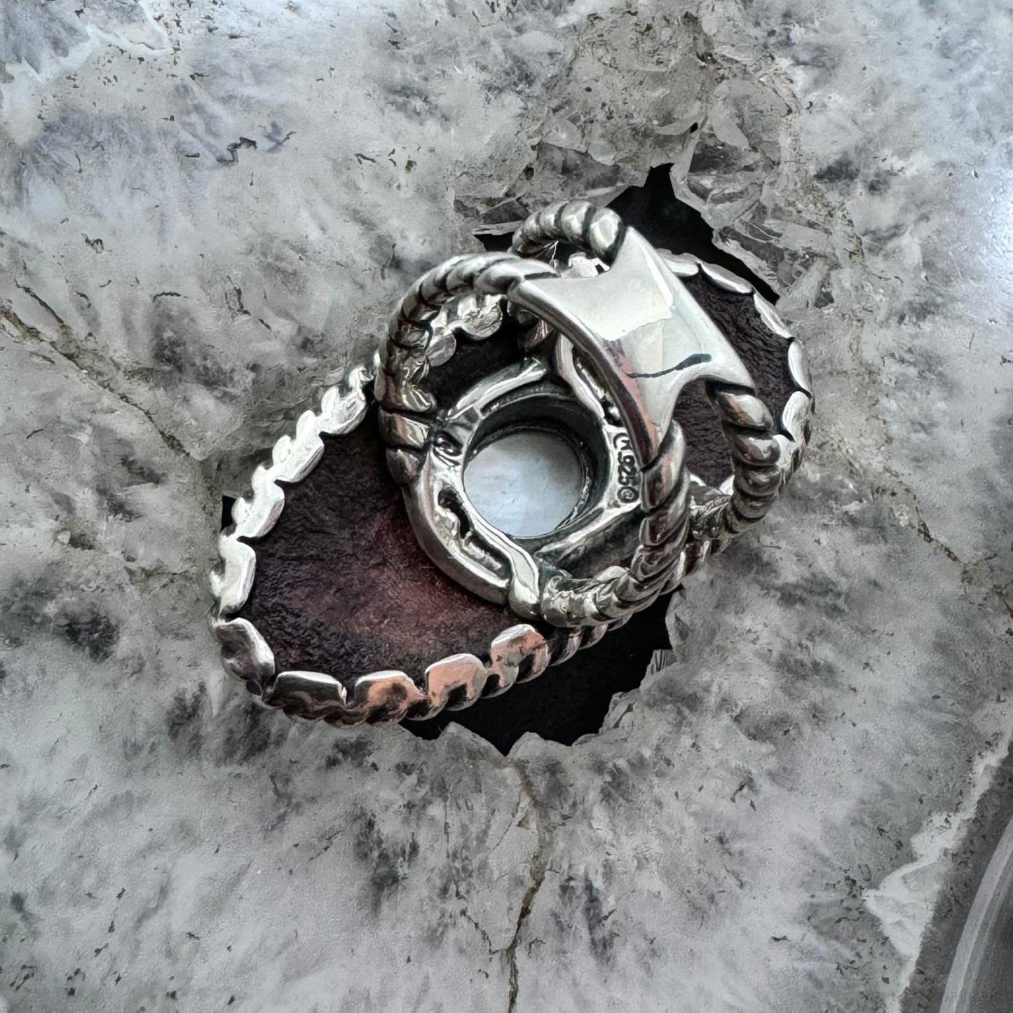 Carolyn Pollack Sterling Silver Oval Moonstone on Tooled Leather Ring Size 5 For Women