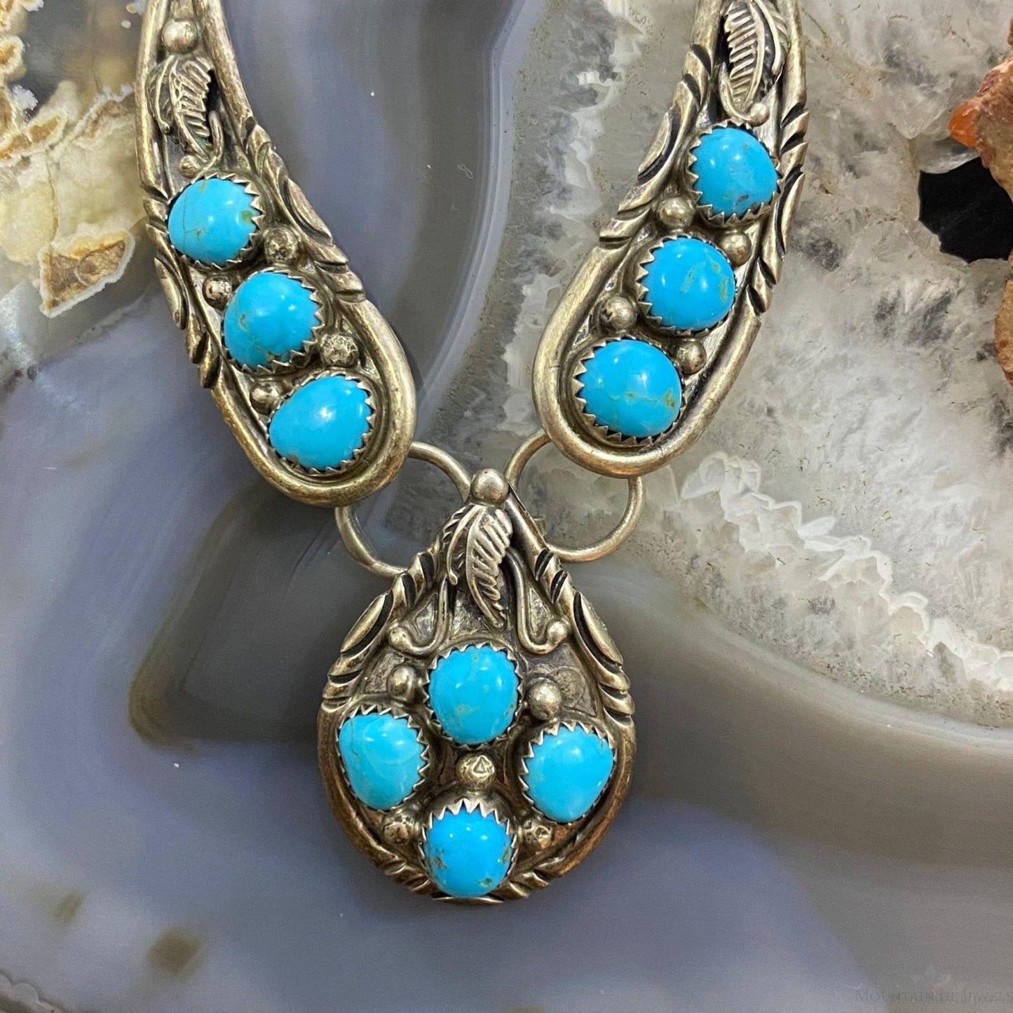 Vintage Native American Sterling Sleeping Beauty Turquoise Cluster 16" Necklace