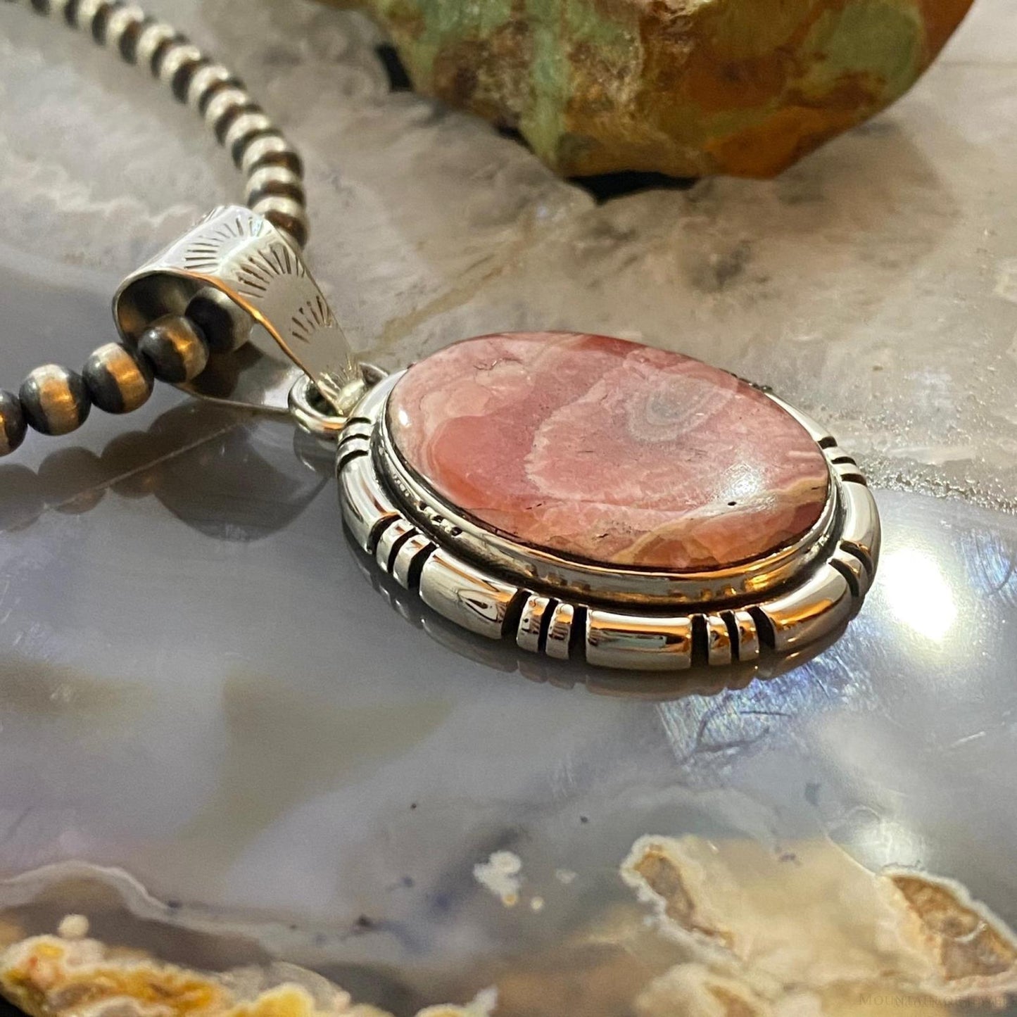 Native American Sterling Silver Oval Rhodochrosite Pendant For Women