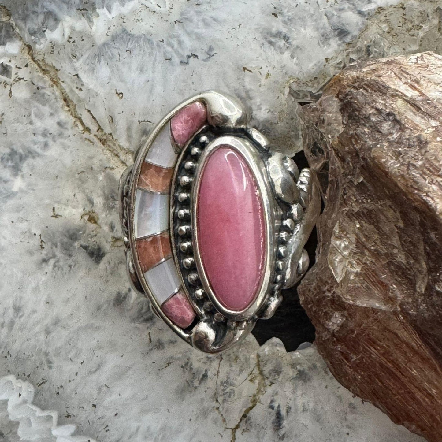 Carolyn Pollack Southwestern Style Sterling Silver Inlay Rhodonite & MOP Ring For Women