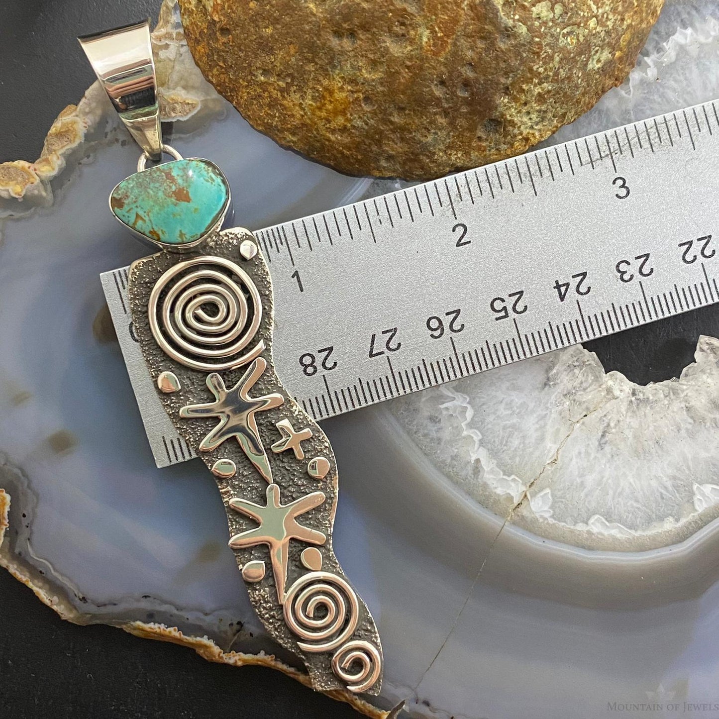 Alex Sanchez Native American Sterling Silver Petroglyph & Turquoise Long Unisex Pendant
