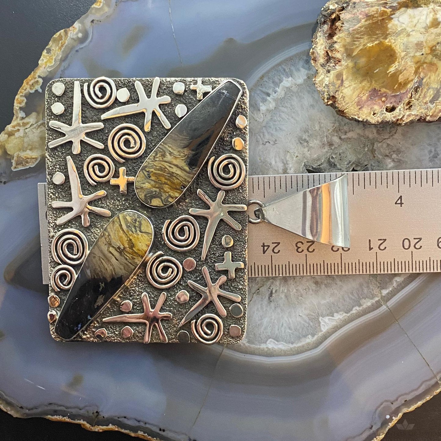 Alex Sanchez Native American Sterling Silver Teardrop Plum Root Jasper Rectangle Petroglyph Pendant