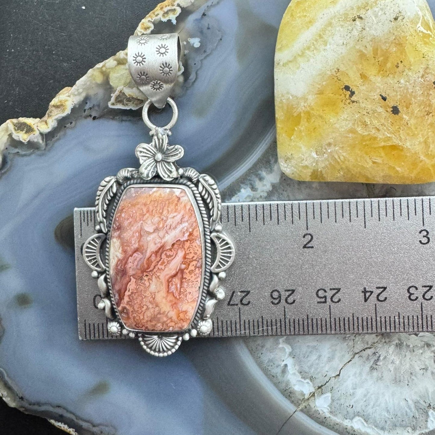 Sterling Silver Southwestern Style Rectangular Red Plum Decorated Pendant For Women