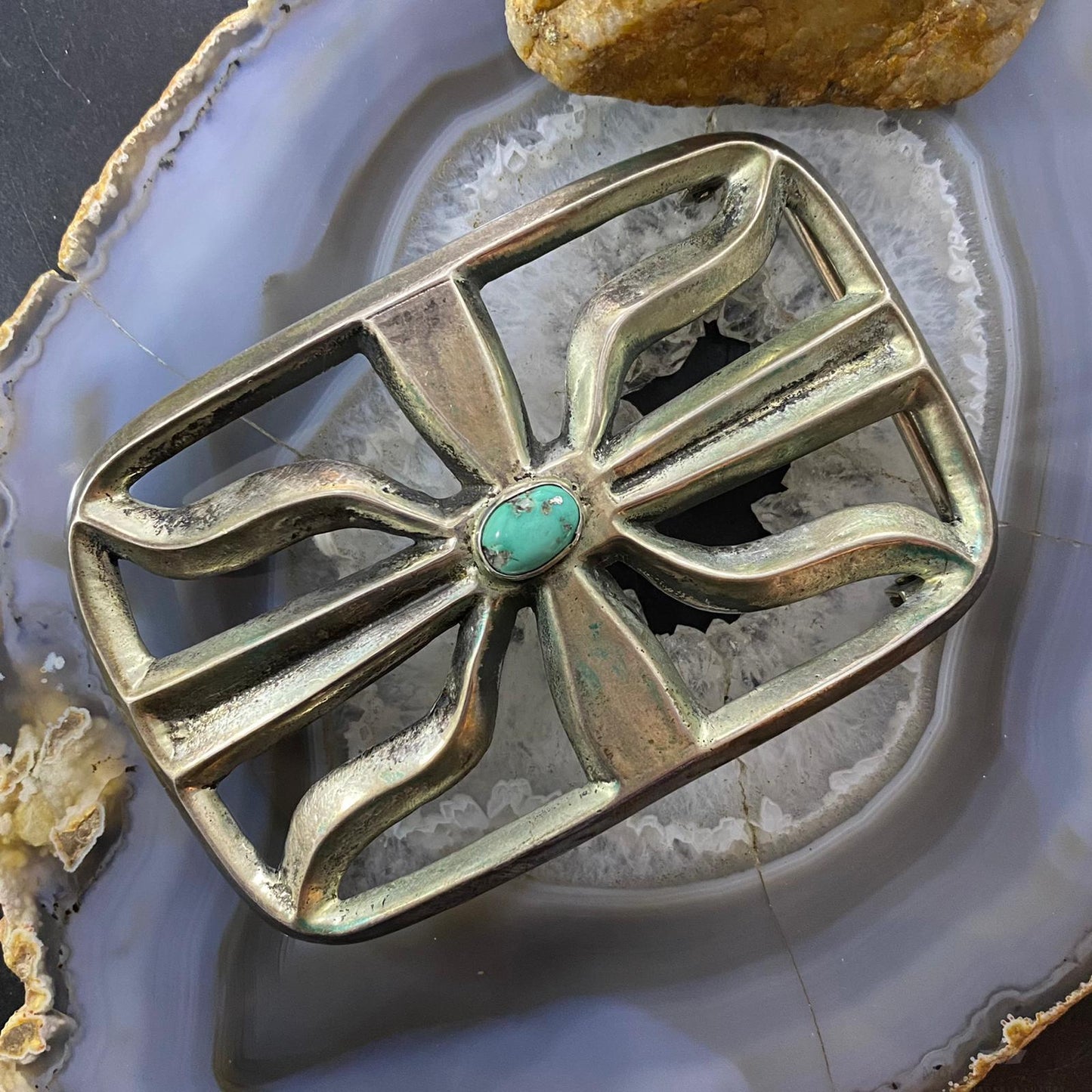Vintage Native American Silver Sandcast Oval Turquoise Large Belt Buckle For Men