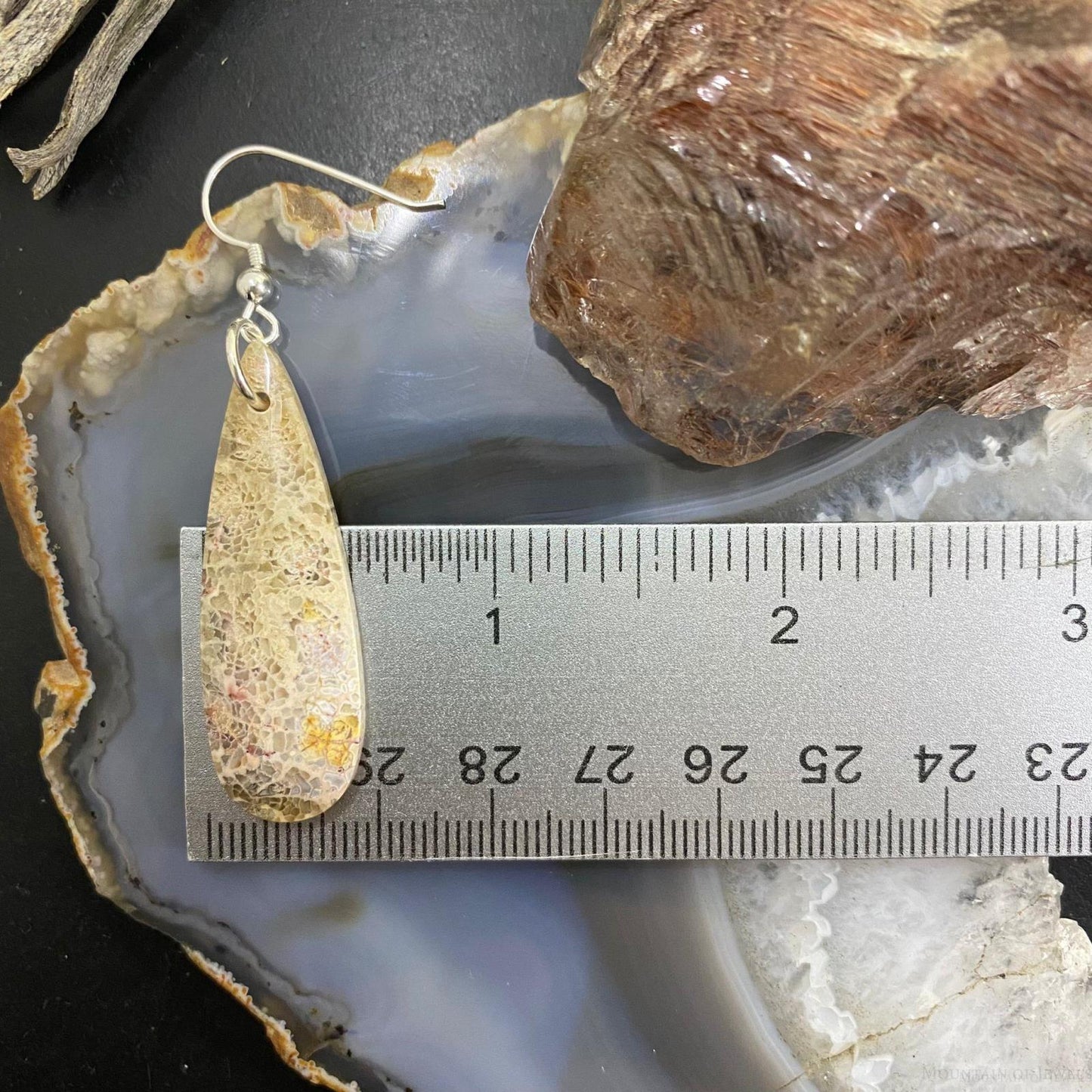 Sterling Silver Teardrop Fossilized Coral Slab Dangle Earrings For Women #091