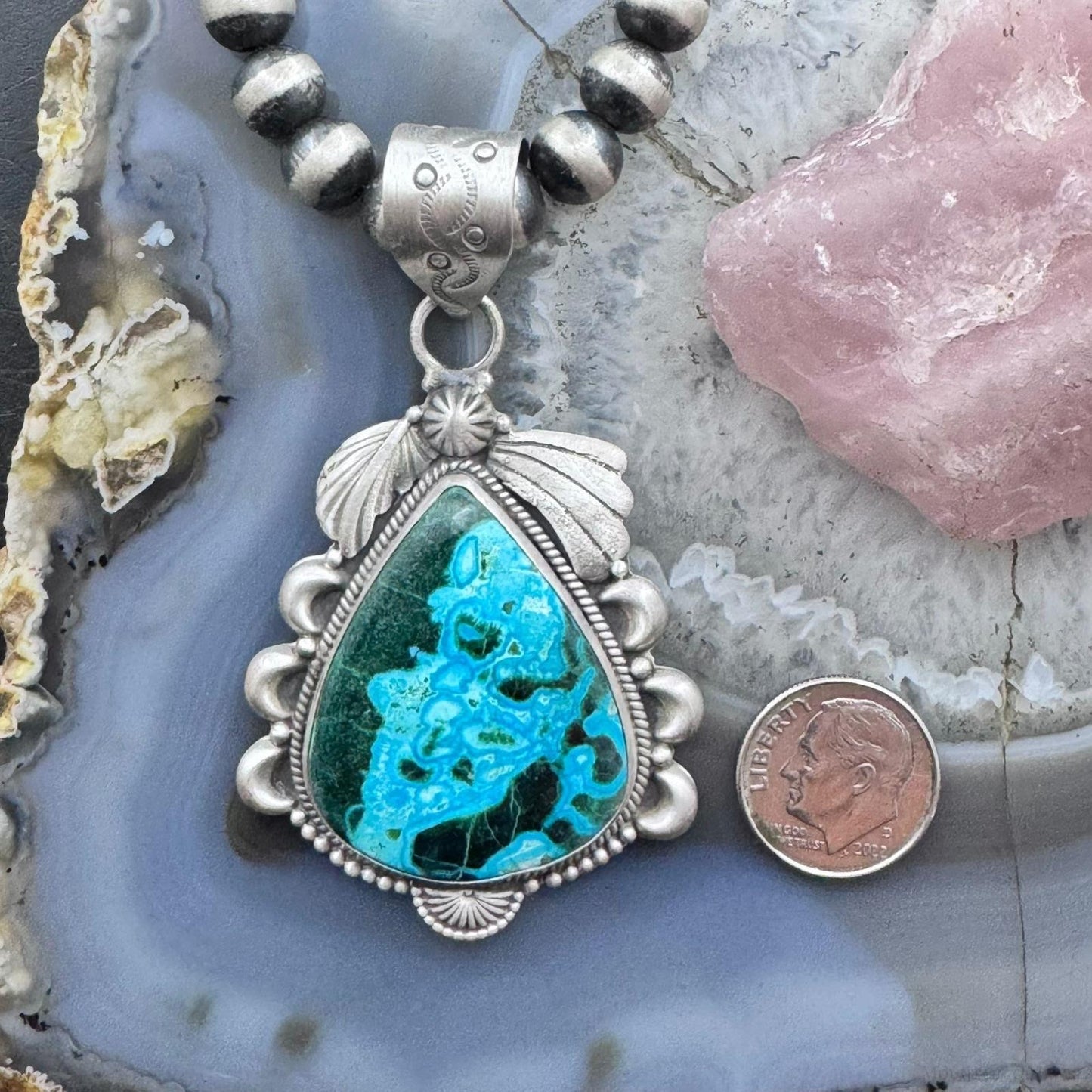Sterling Silver Southwestern Style Large Teardrop Azurite Malachite Decorated Pendant For Women