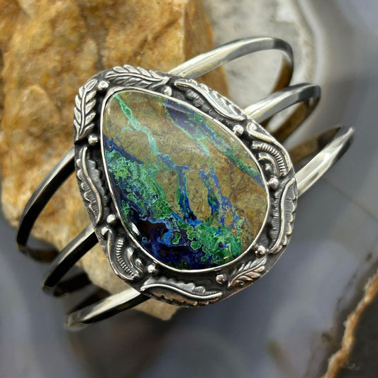 Sterling Silver Southwestern Style Large Teardrop Azurite Malachite Bracelet For Women