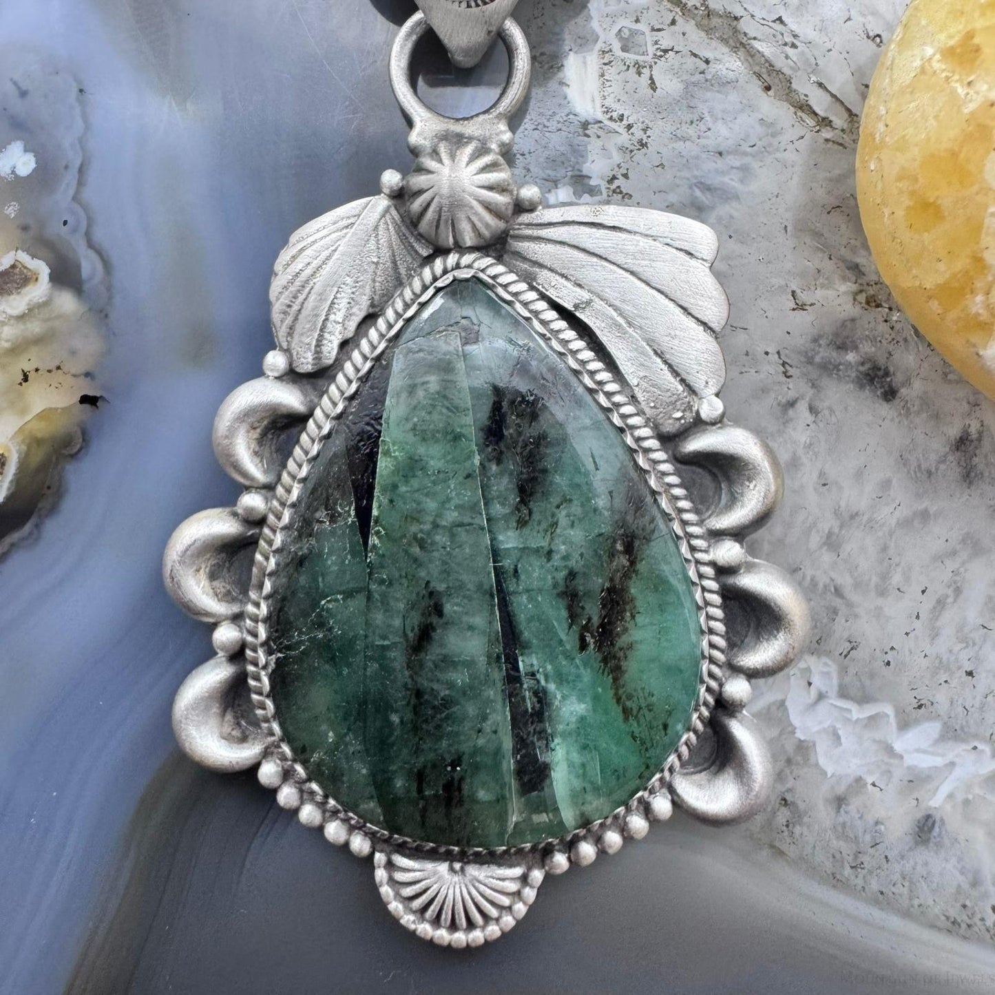 Sterling Silver Southwestern Style Teardrop Natural Emerald Decorated Pendant For Women