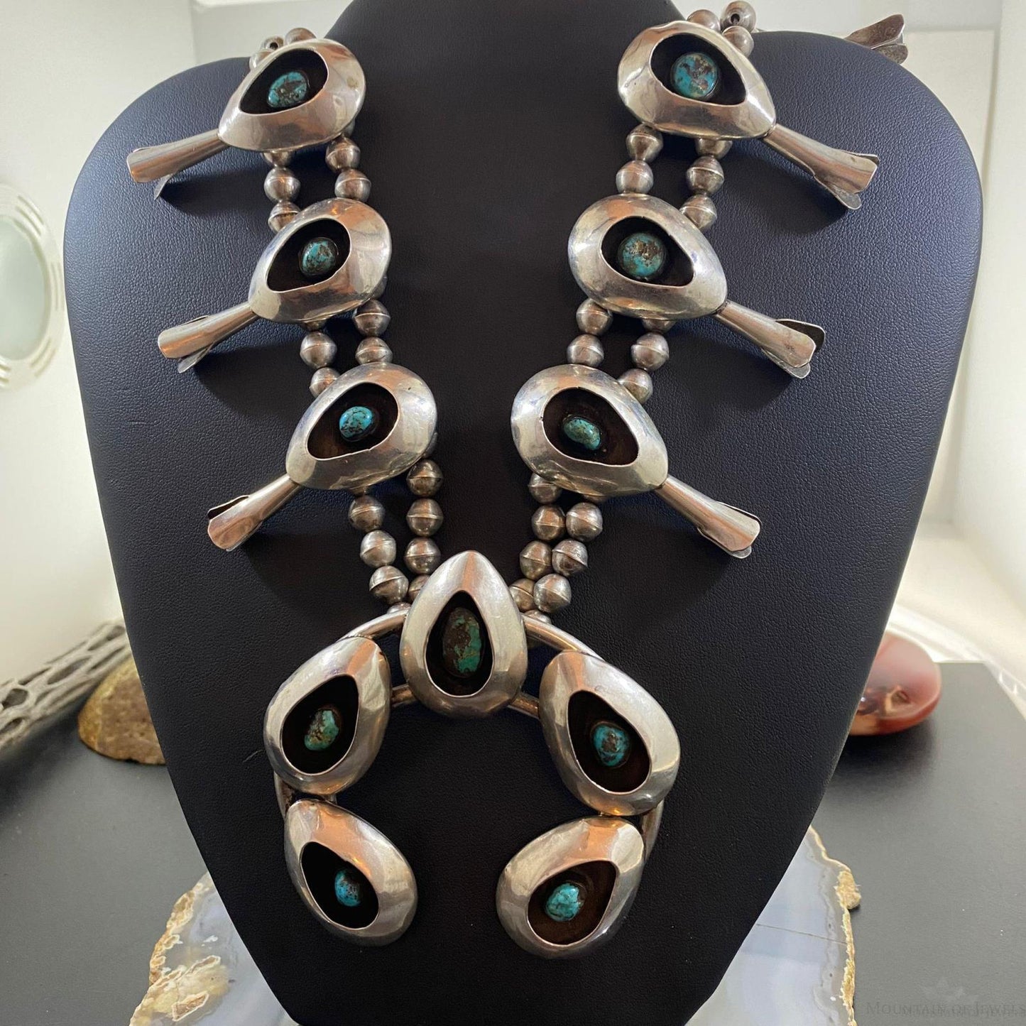 Native American Silver Shadow Box Turquoise Squash Blossom Necklace 31"