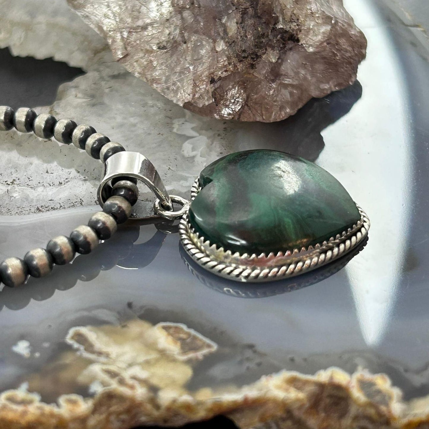 Sterling Silver Southwestern Style Malachite Heart Pendant For Women