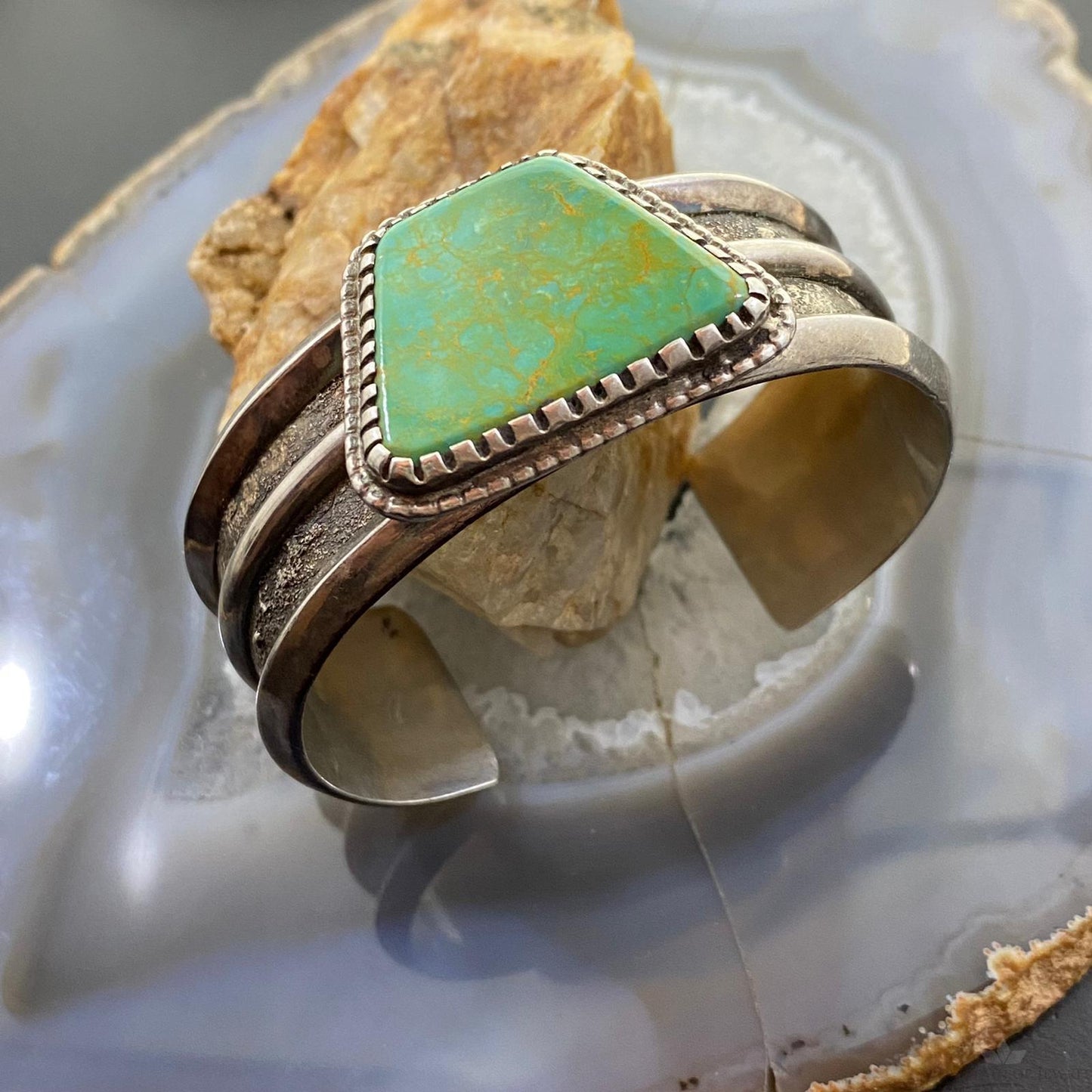 Vintage Native American Silver Trapeze Green Turquoise Solid Unisex Bracelet