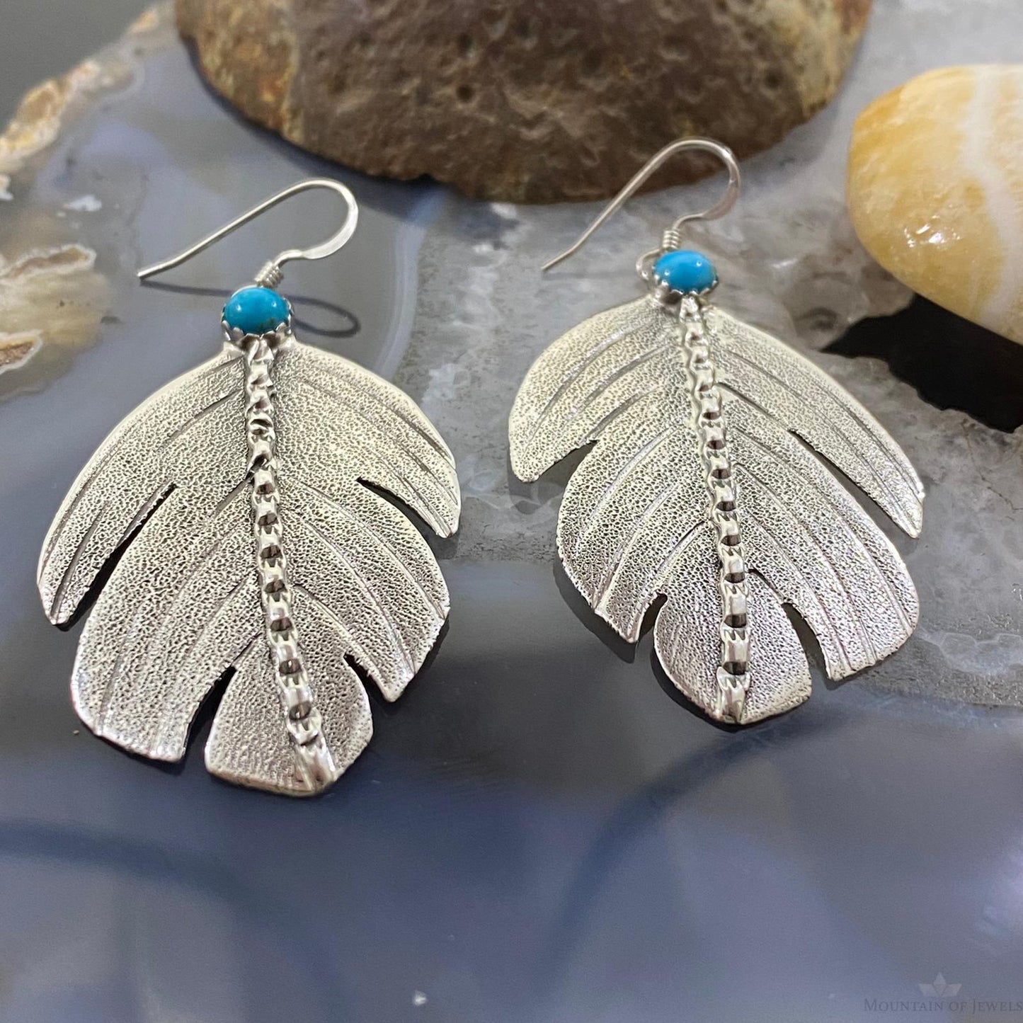 Brad Panteah Sterling Silver Turquoise Feather Texture Dangle Earrings For Women