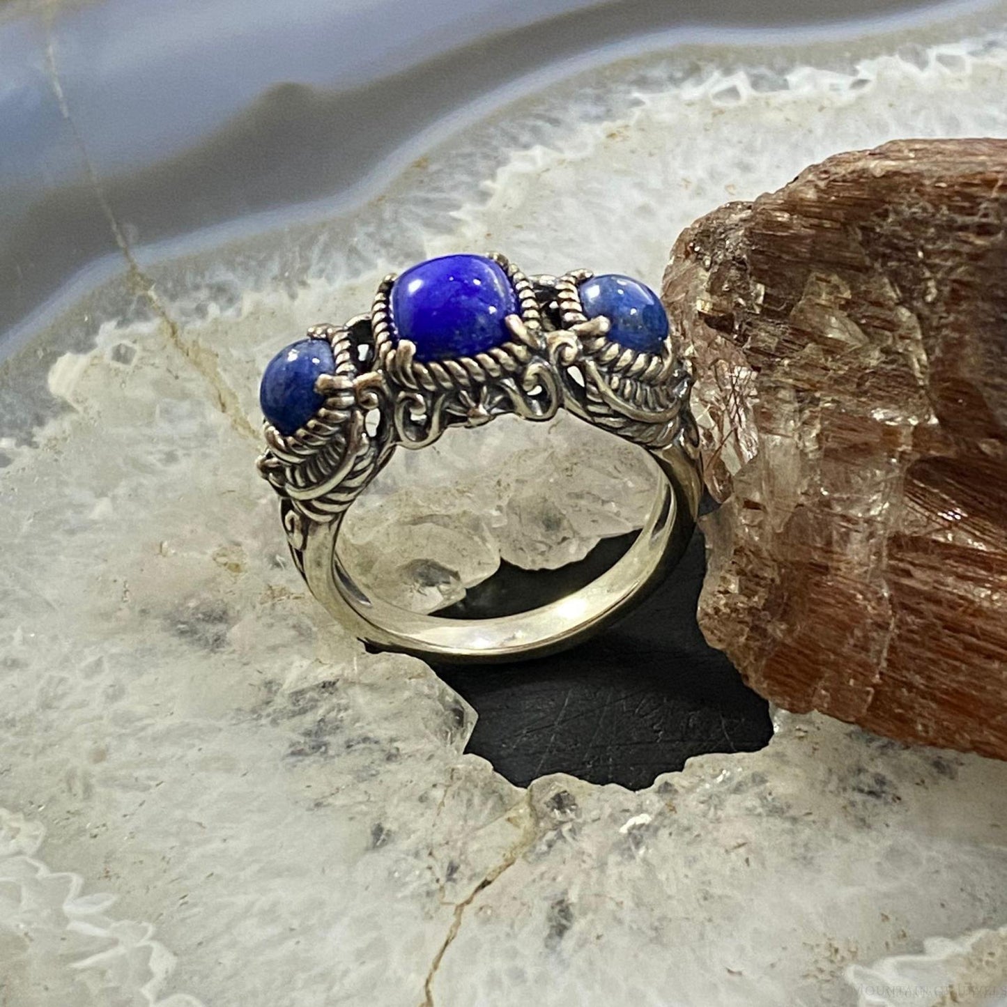 Carolyn Pollack Southwestern Style Sterling Silver Lapis Lazuli & Denim Lapis Decorated Ring For Women