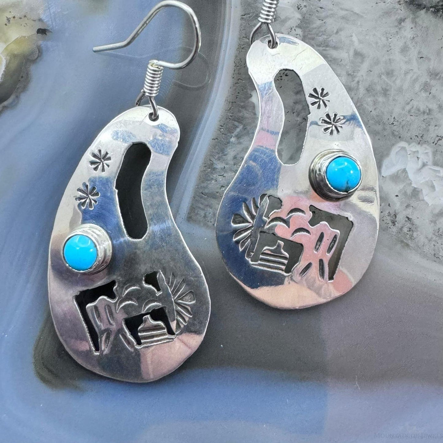 Native American Sterling Silver Cutout SW Motifs w/Turquoise Dangle Earrings For Women