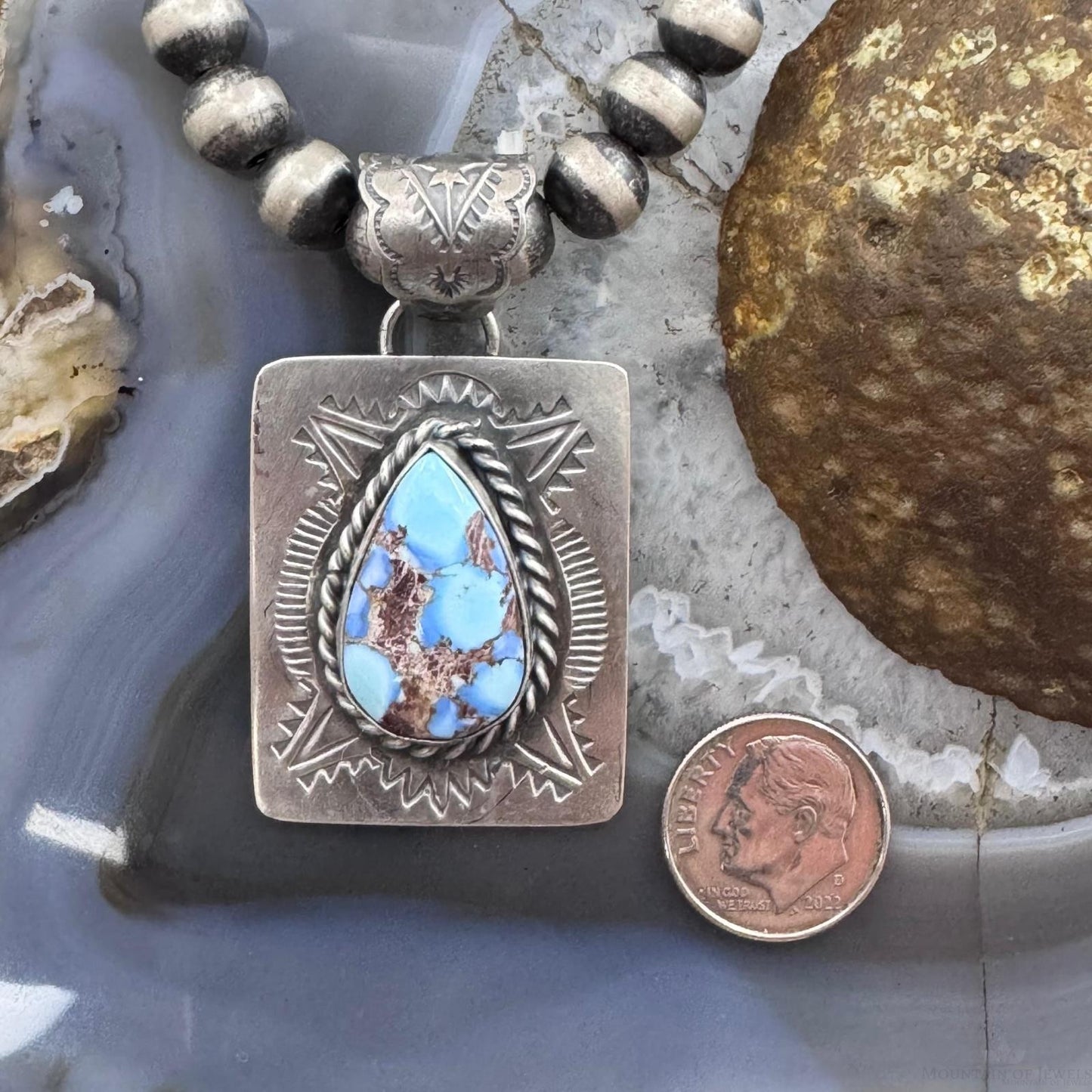 Native American Sterling Silver Teardrop Golden Hill Turquoise Decorated Pendant