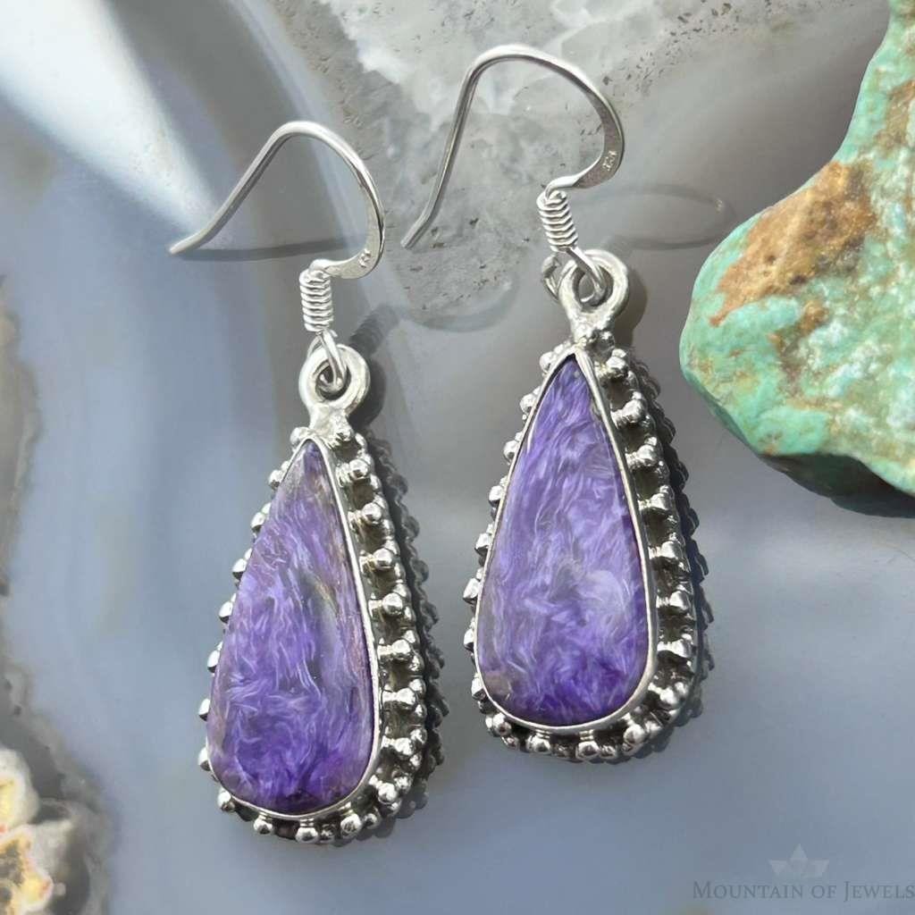 Sterling Silver Southwestern Style Teardrop Charoite Dangle Earrings For Women