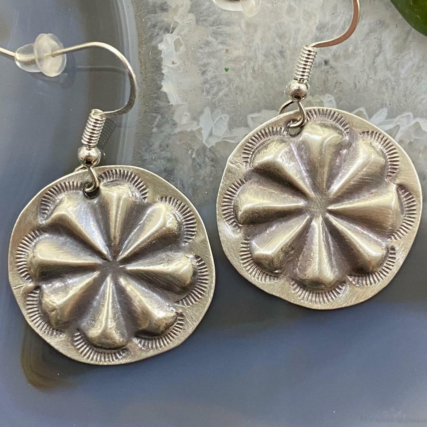 Sterling Silver Floral Repousse Dangle Earrings For Women