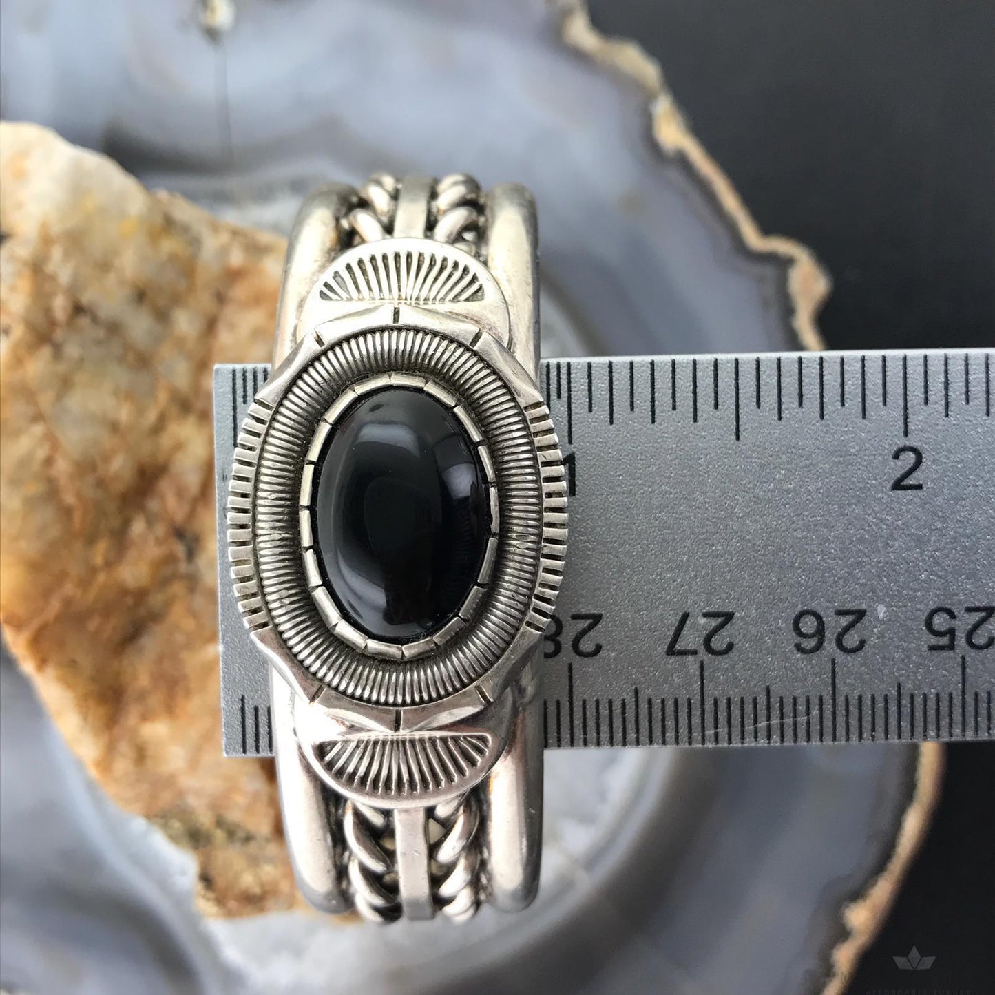 Wilbert Vandever Native American Sterling Silver Engraved Oval Onyx Bracelet