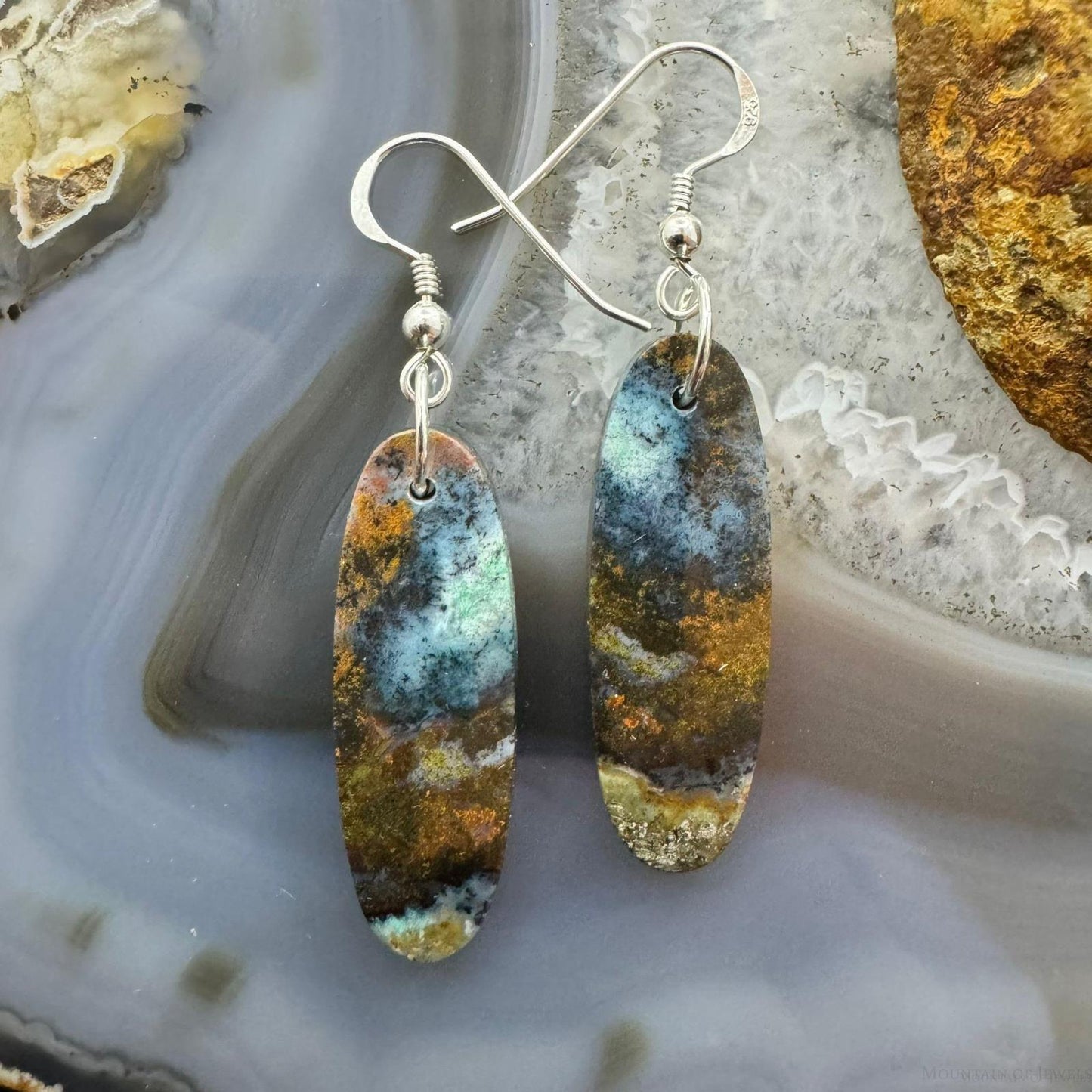 Sterling Silver Elongated Oval Chrysocolla Slab Dangle Earrings For Women #354