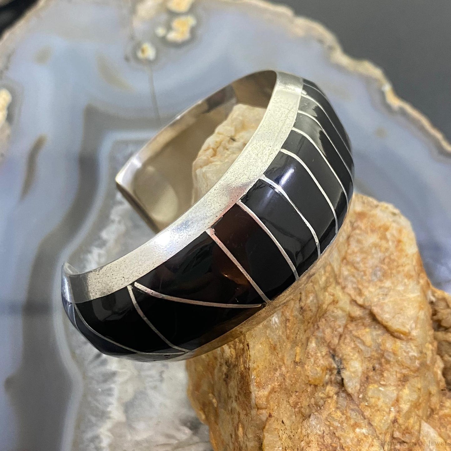 Signed Vintage Native American Sterling Channel Onyx Inlay Bracelet For Women