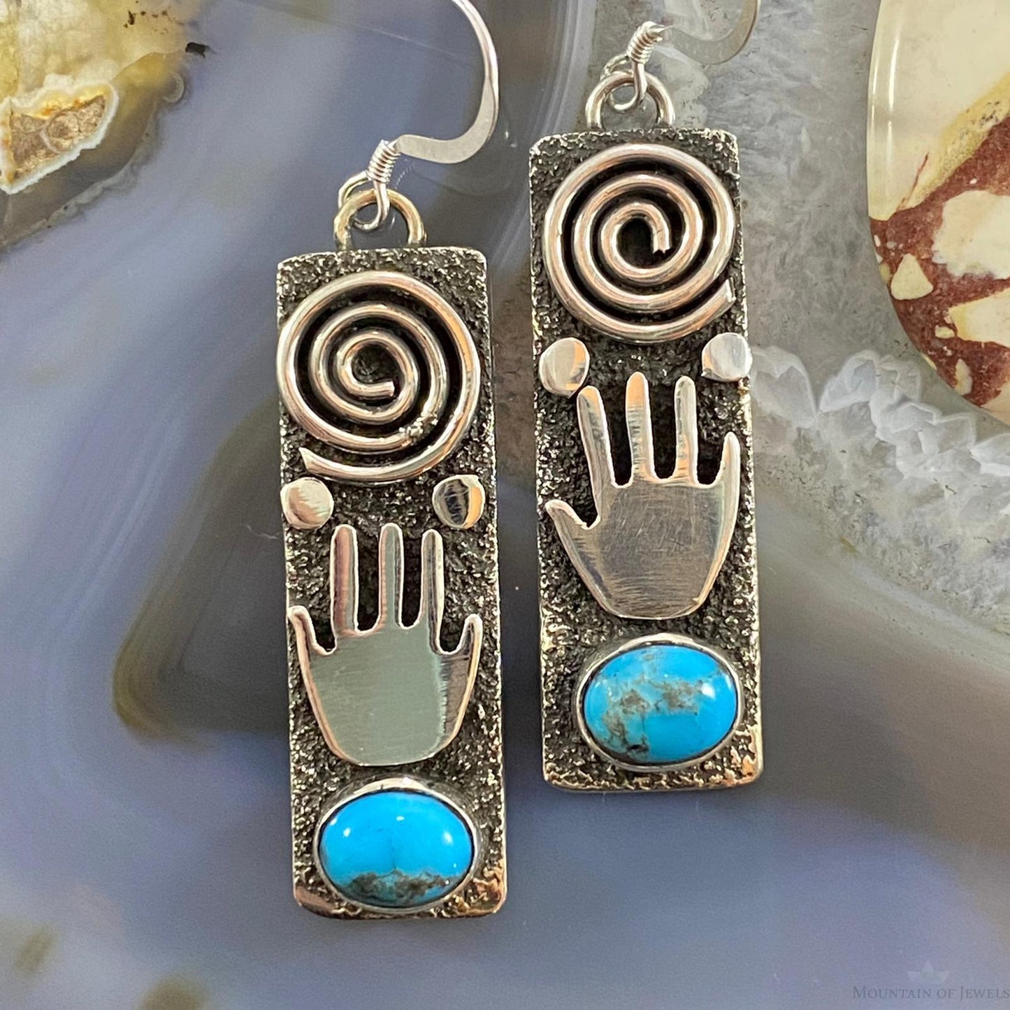 Alex Sanchez Native American Sterling Turquoise Petroglyph Dangle Earrings #3
