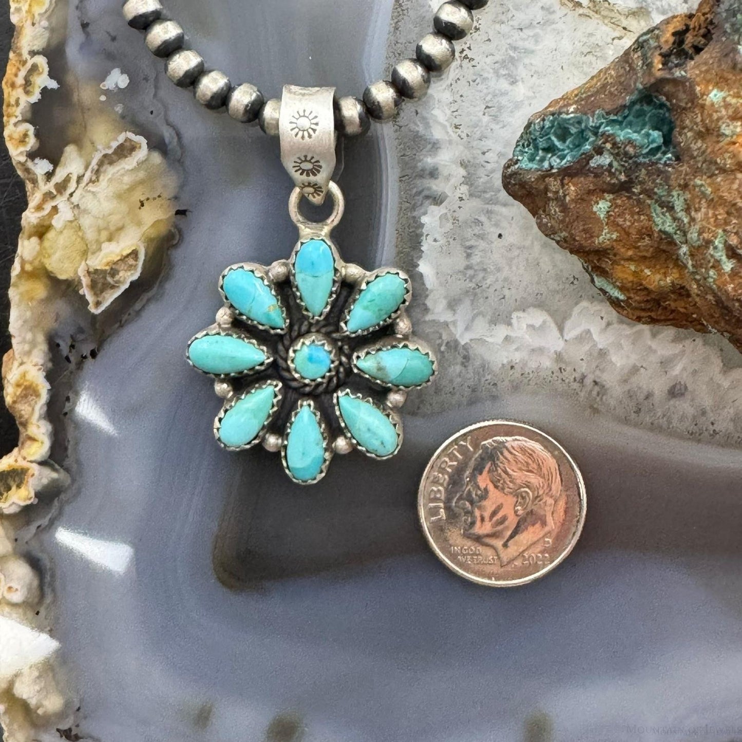 Sterling Silver Southwestern Style Turquoise Decorated Cluster Pendant For Women