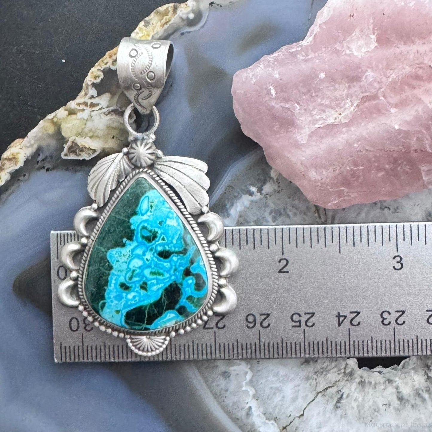 Sterling Silver Southwestern Style Large Teardrop Azurite Malachite Decorated Pendant For Women