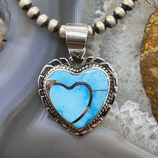 Native American Sterling  Silver Blue Ridge Turquoise Double Heart Pendant For Women