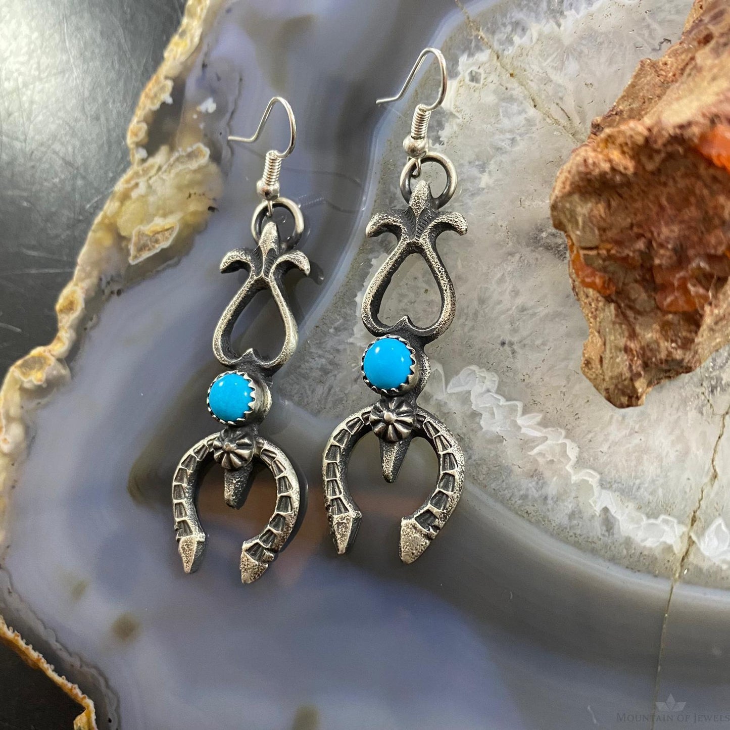 Kevin Billah Native American Sterling Silver Sandcast Turquoise Naja Dangle Earrings #4