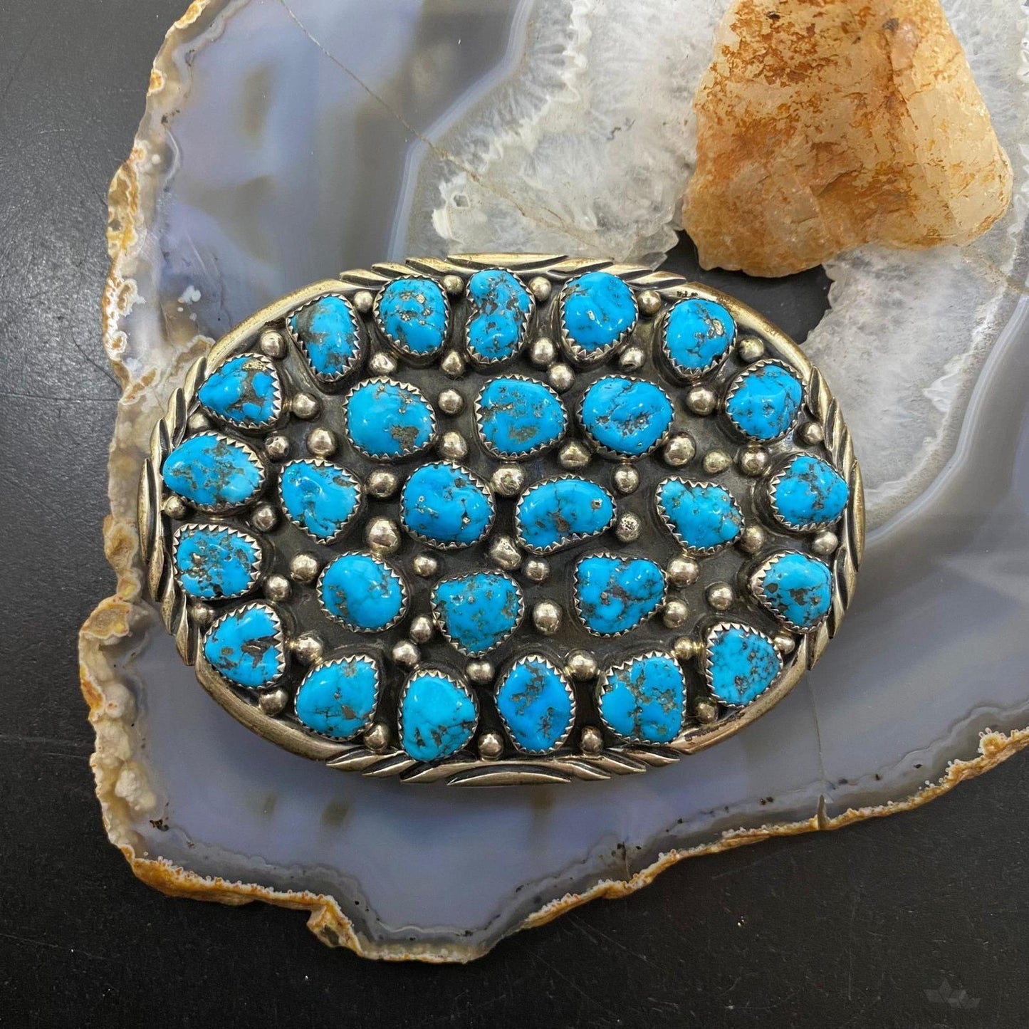 Vintage Harry Spencer Navajo Sterling Silver Multi Turquoise Stamped Belt Buckle
