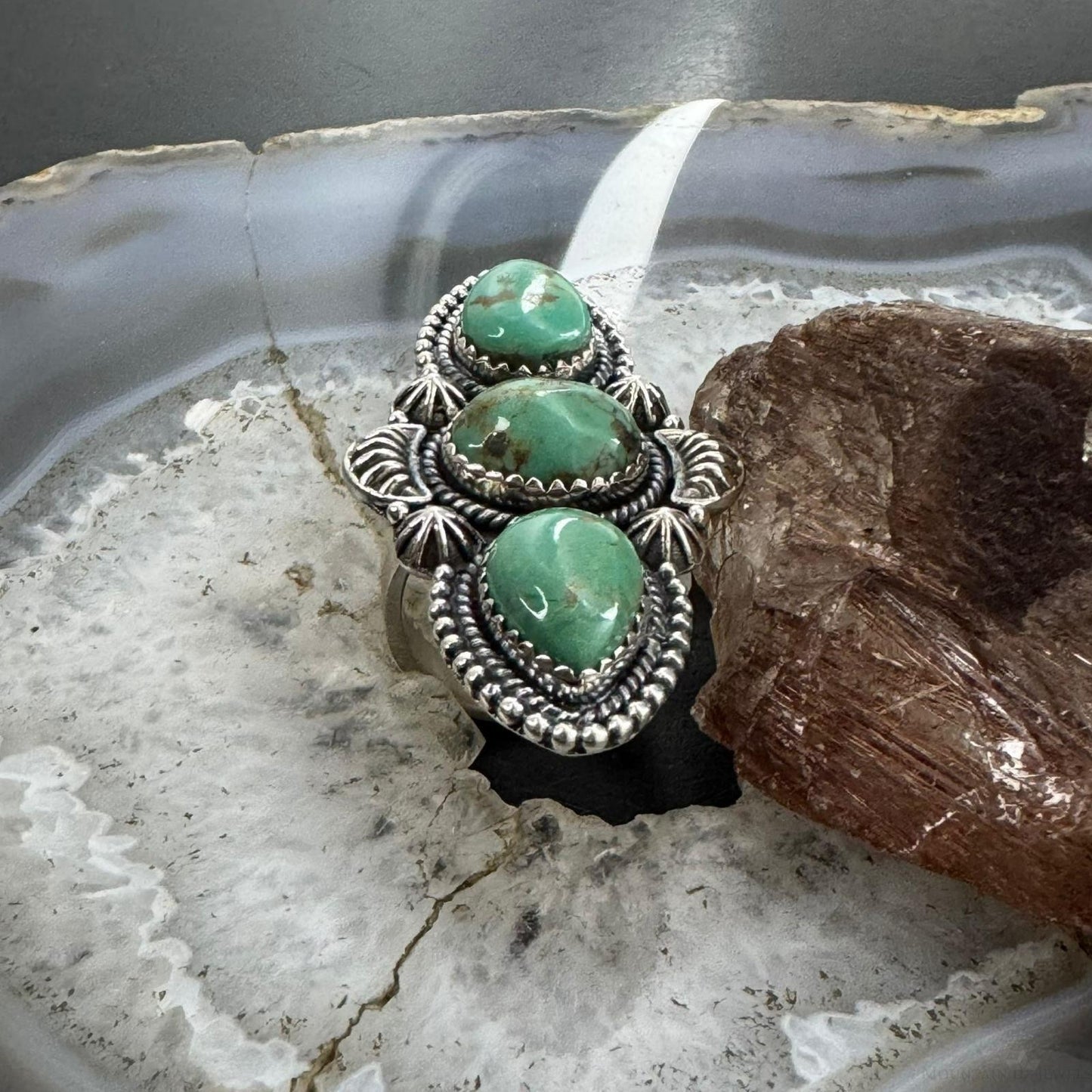 Sterling Silver Southwestern Style Oval & Teardrop Turquoise Adjustable Ring For Women